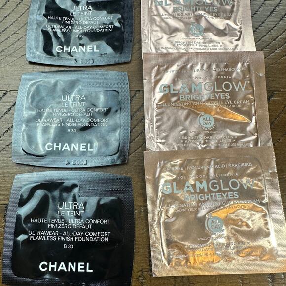 Chanel Ultra Le Teint Foundation Samples + GlamGlow Bright Eyes Cream Pack Lot - Picture 1 of 11